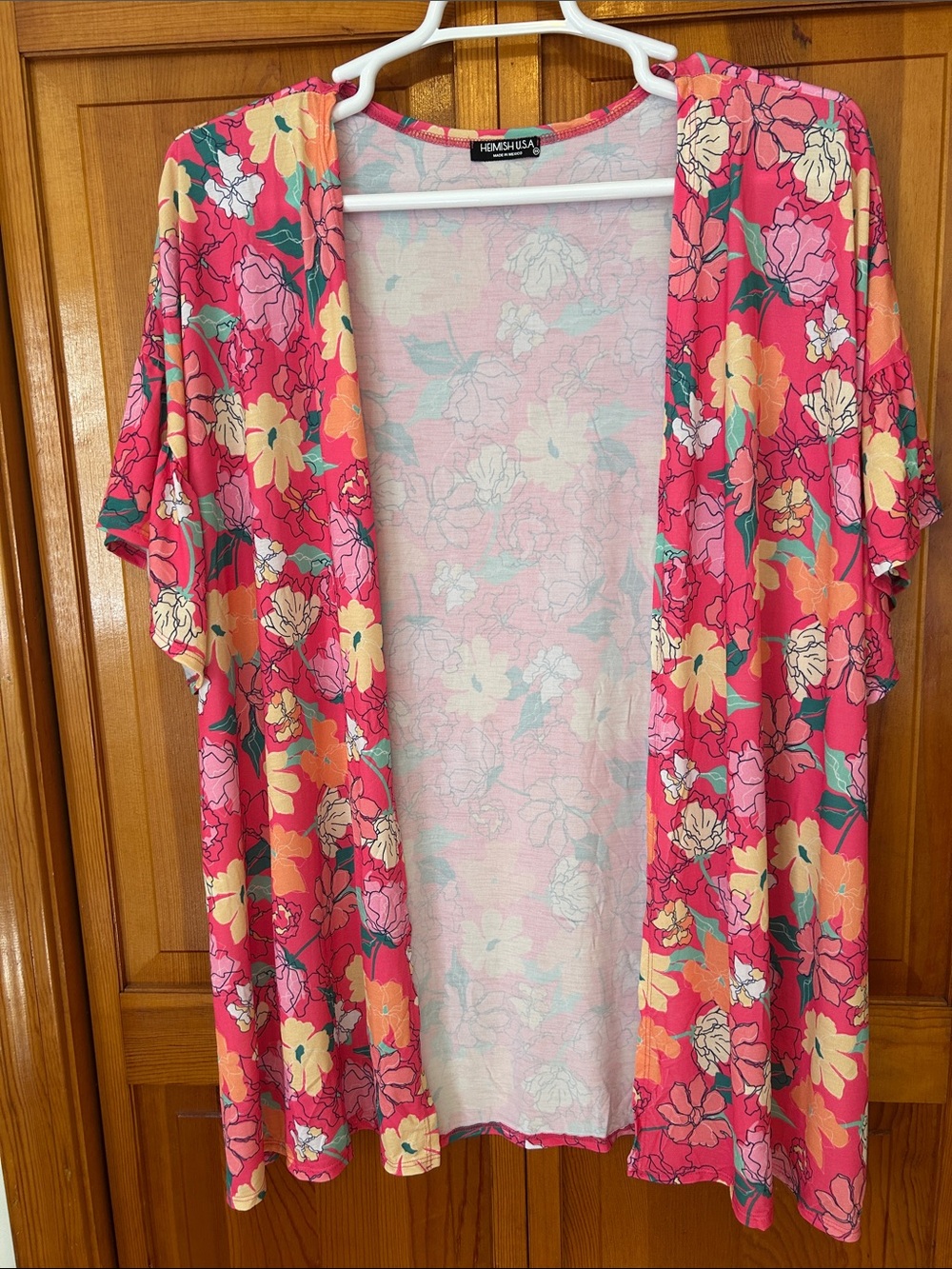 HEIMISH USA Bright Pink Floral Open Kimono 3X Short Sleeve New